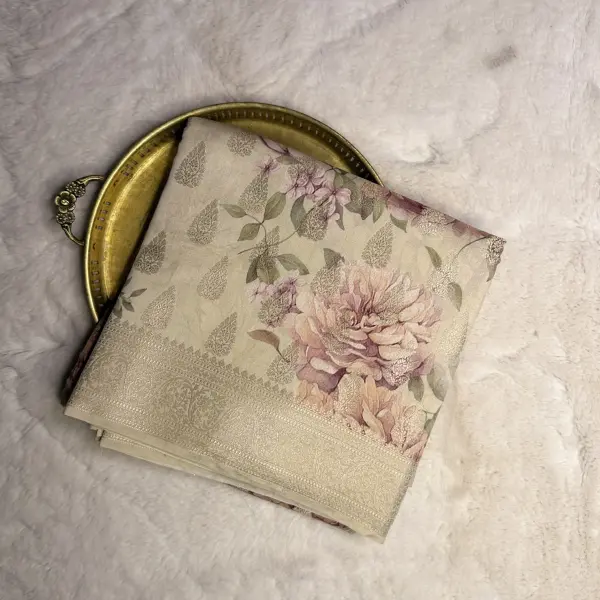 Cream Floral pattern with buttas Muga Silk Saree