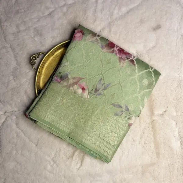 Pista Green Floral Pattern with buttas Muga Silk Saree