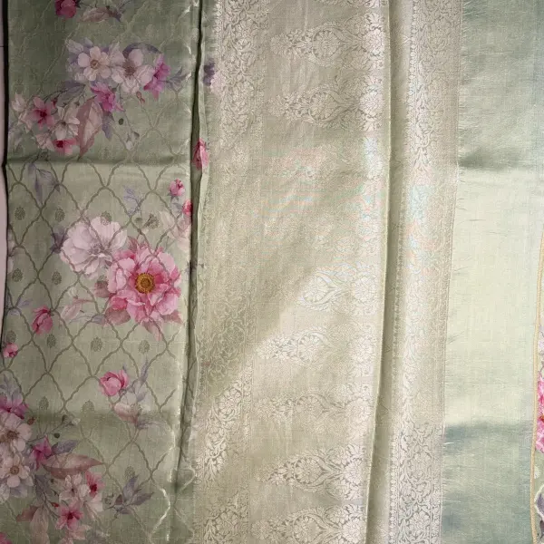 Pista Green Floral Pattern with buttas Muga Silk Saree