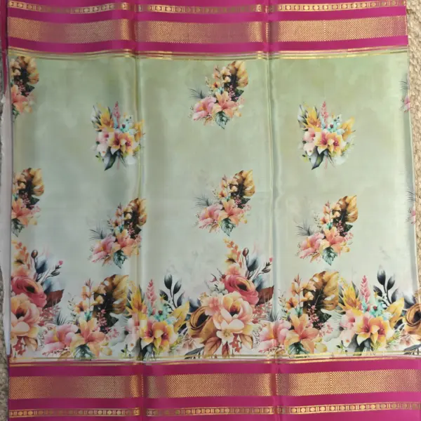 Pista green printed silk with pink gap border pure crepe silk saree 120gsm