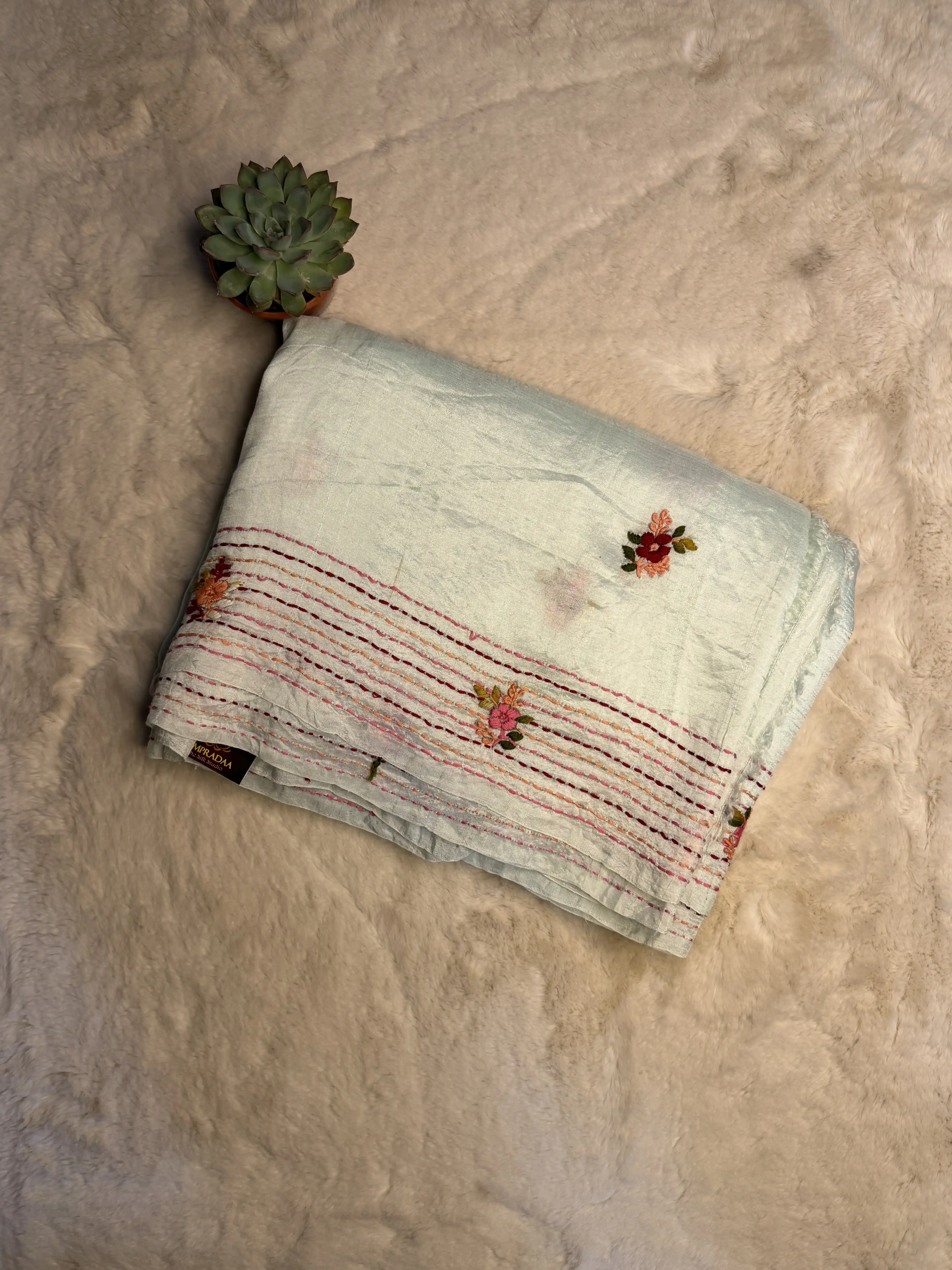 Pista green mul cotton silk with thread work saree