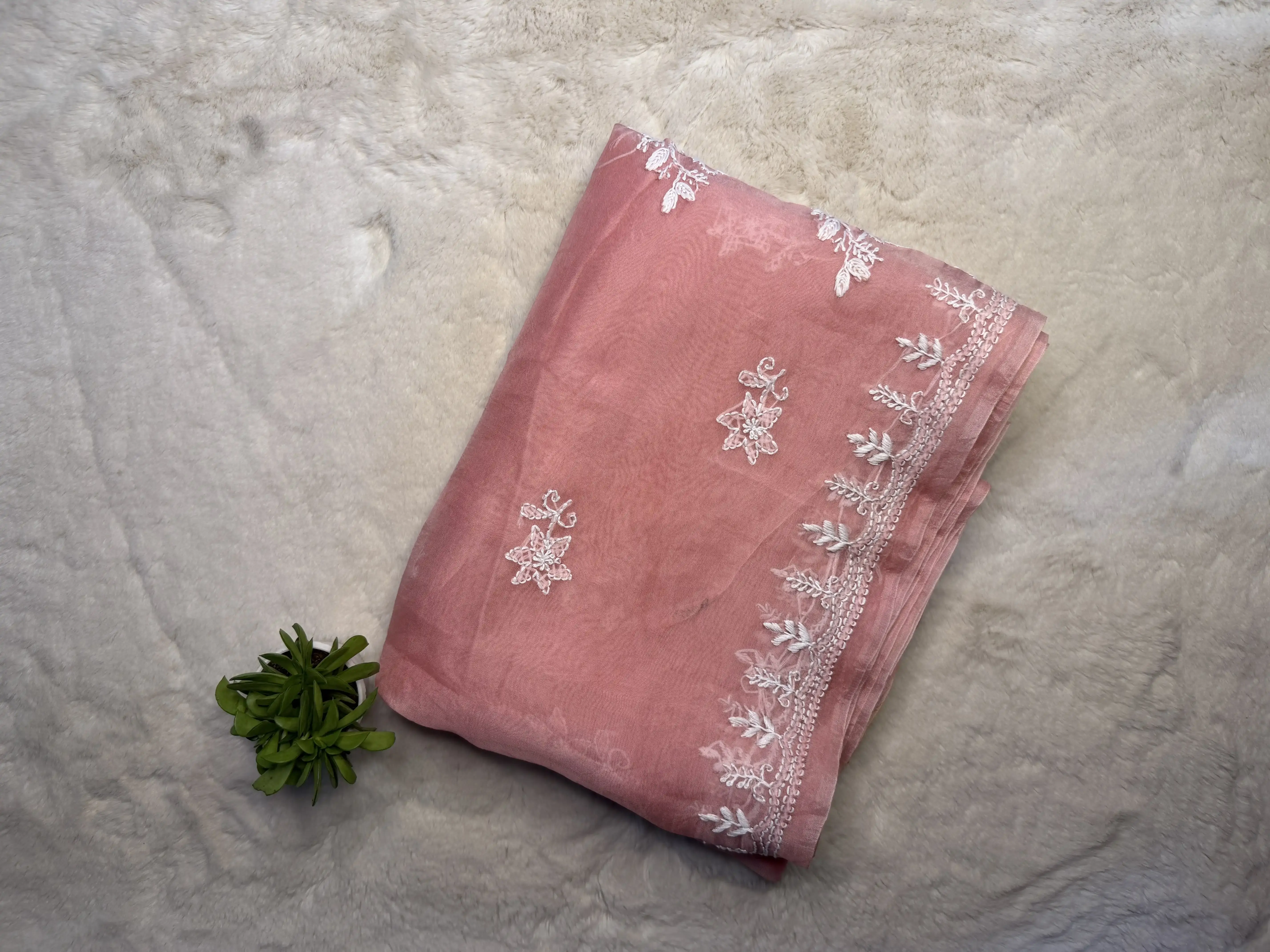 Peach Chikankari work pure organza saree