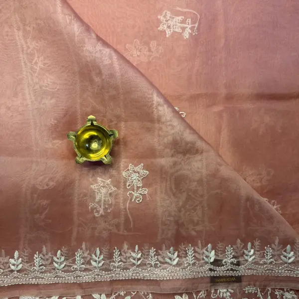 Peach Chikankari work pure organza saree