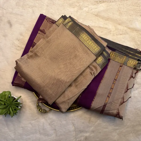 Light Brown with Grey Maheshwari Silk Cotton Saree