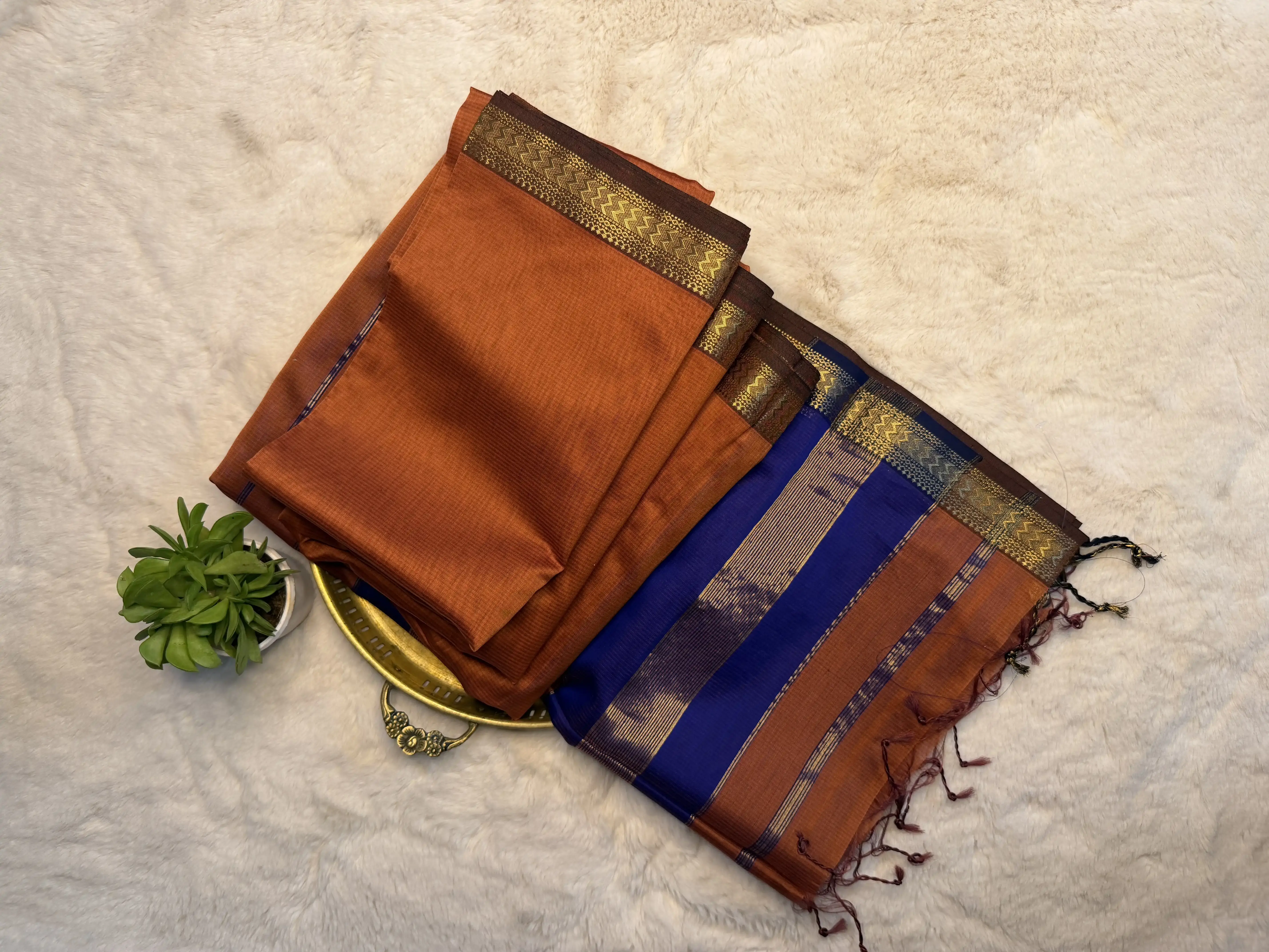 Rust Orange with Navy Blue Maheshwari Silk Cotton Saree
