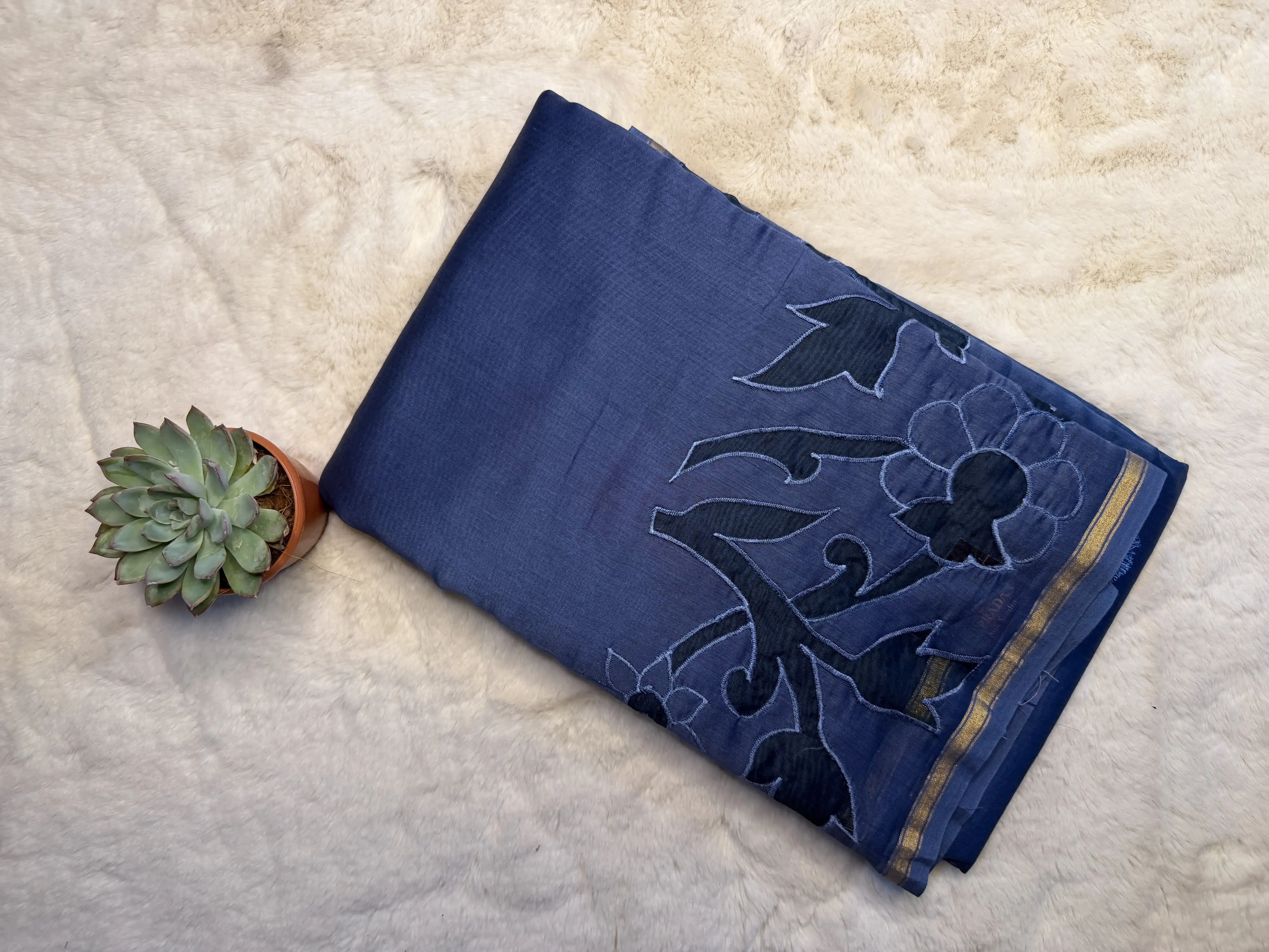 Navy Blue Patch work Semi Tussar Saree