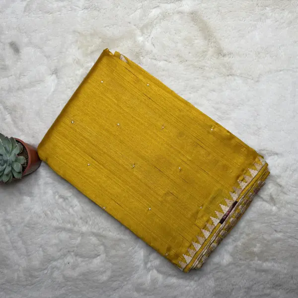 Yellow with thread work semi Raw Silk Saree