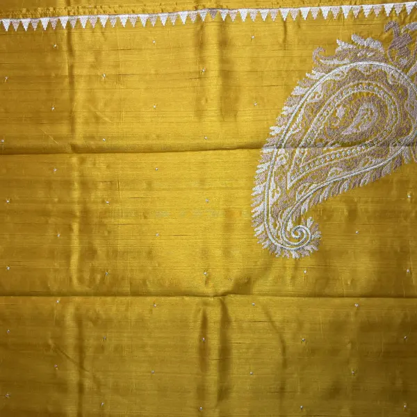 Yellow with thread work semi Raw Silk Saree