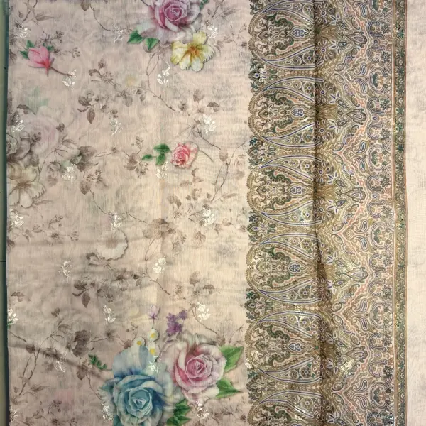 Peach thread work border digital print Linen Saree