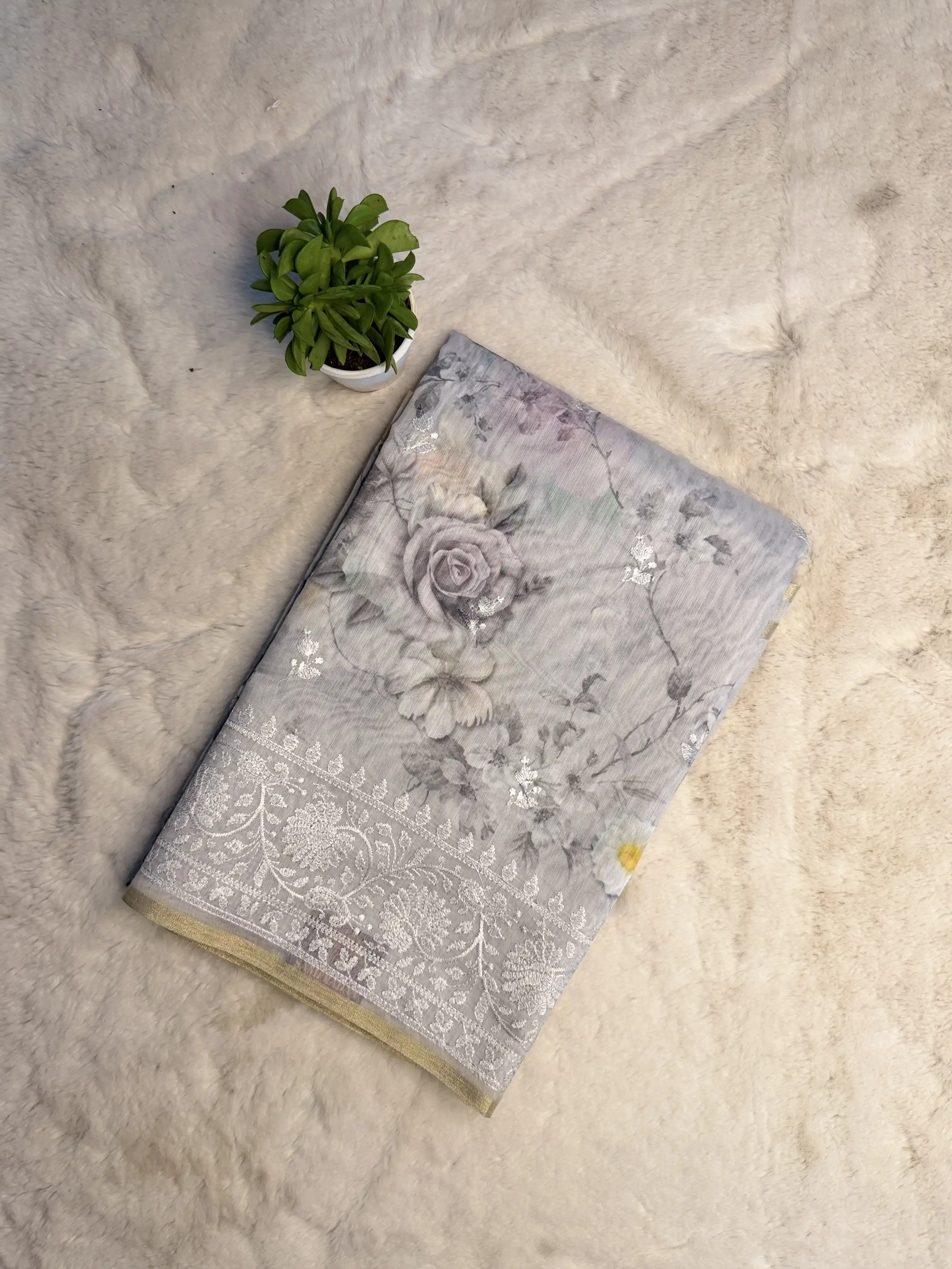 Peach thread work border digital print Linen Saree