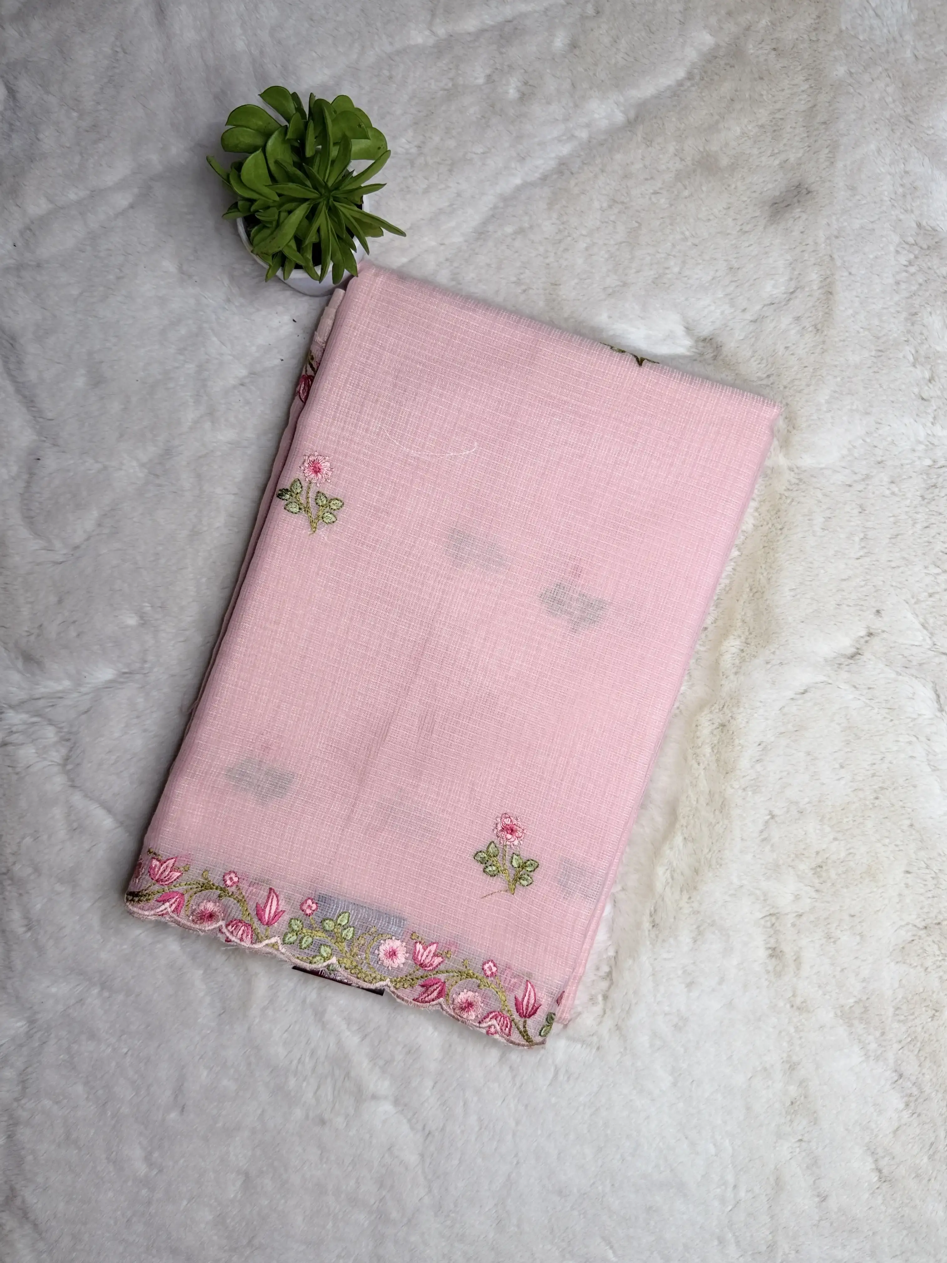 Rose Pink with floral thread work Kota Silk Cotton Saree