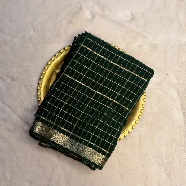 Dark Green Checks Semi Crepe fancy Saree