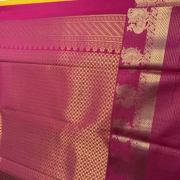 Yellow & Pink Bentex border with peacock motifs Semi Silk Saree
