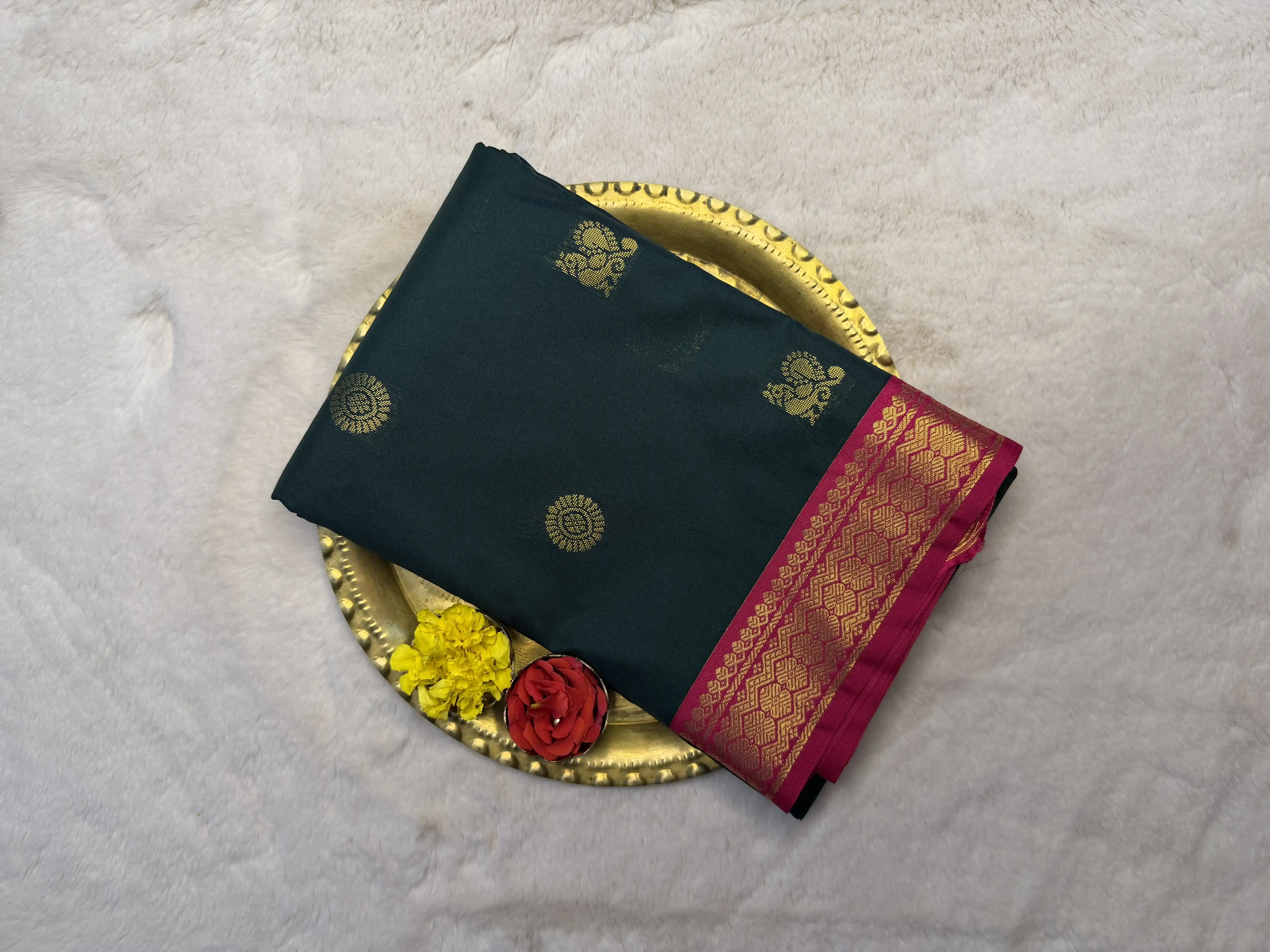 Wine with pink border with buttas Semi Silk Saree