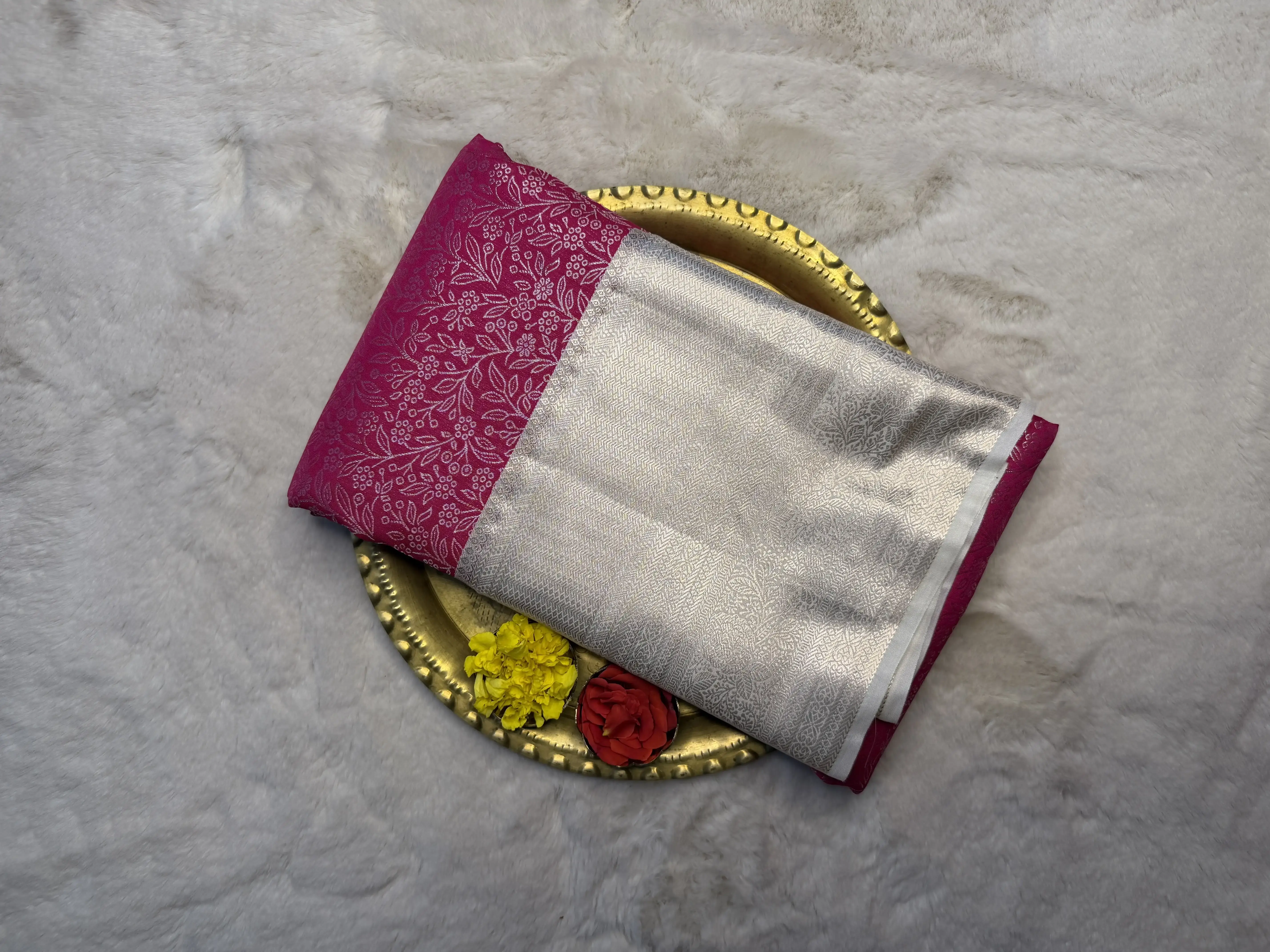 Navy Blue & Pink Border Semi Silk Saree