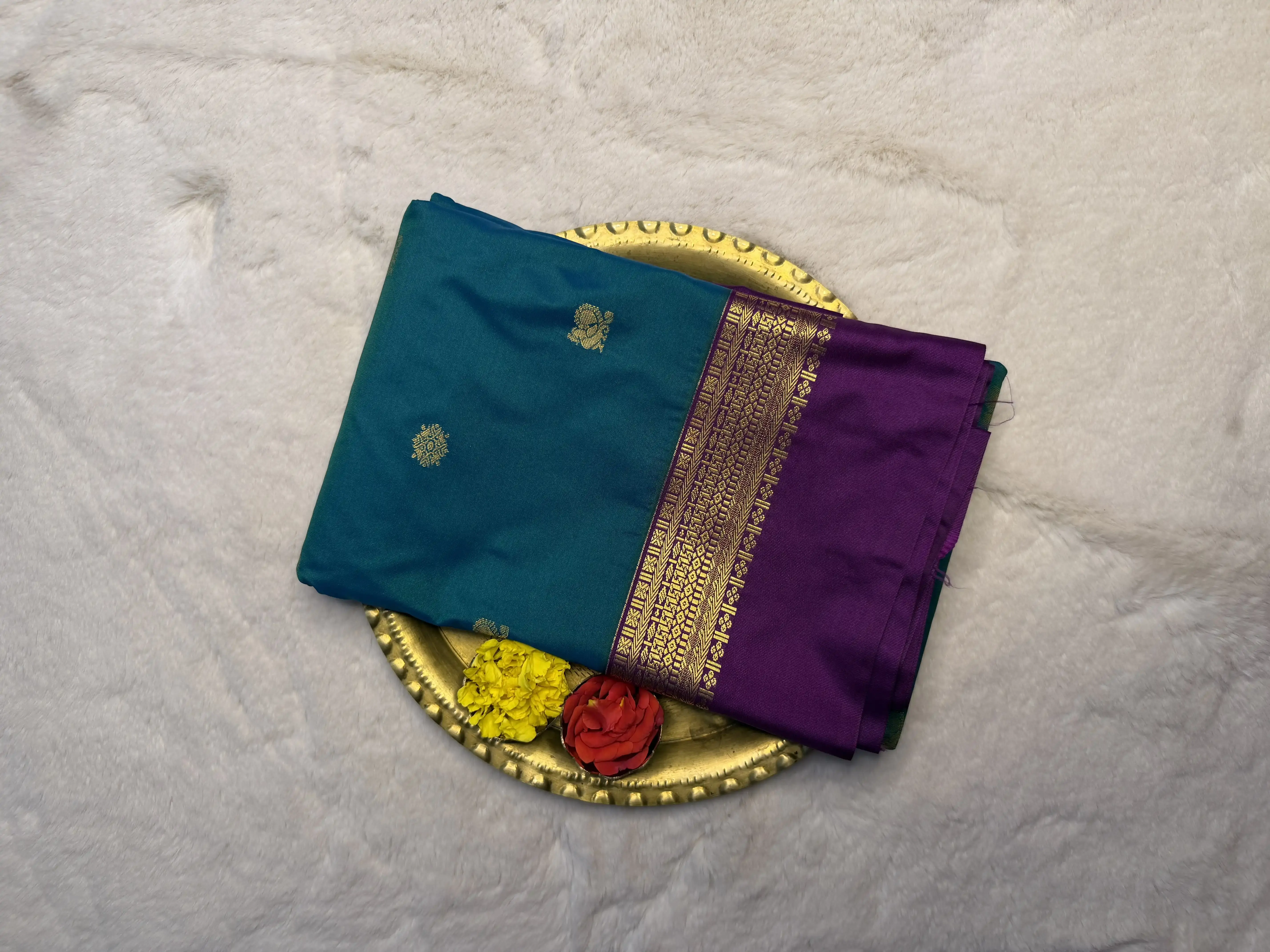 Rama Green & Wine Border Semi Silk Saree