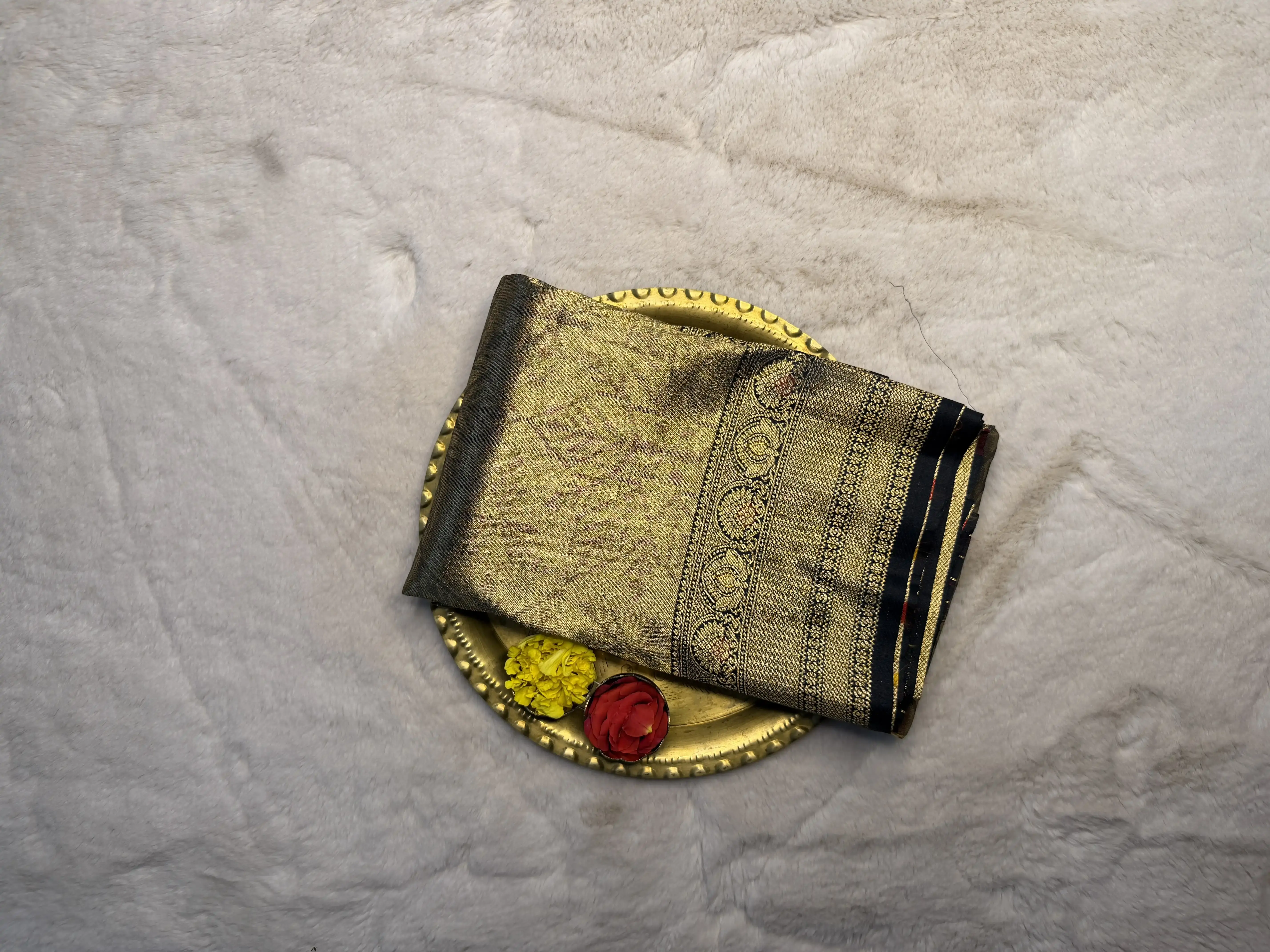 Gold with Black zari border tissue Semi Silk Saree