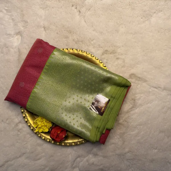 Pink & Green Microchecks Semi Silk Saree