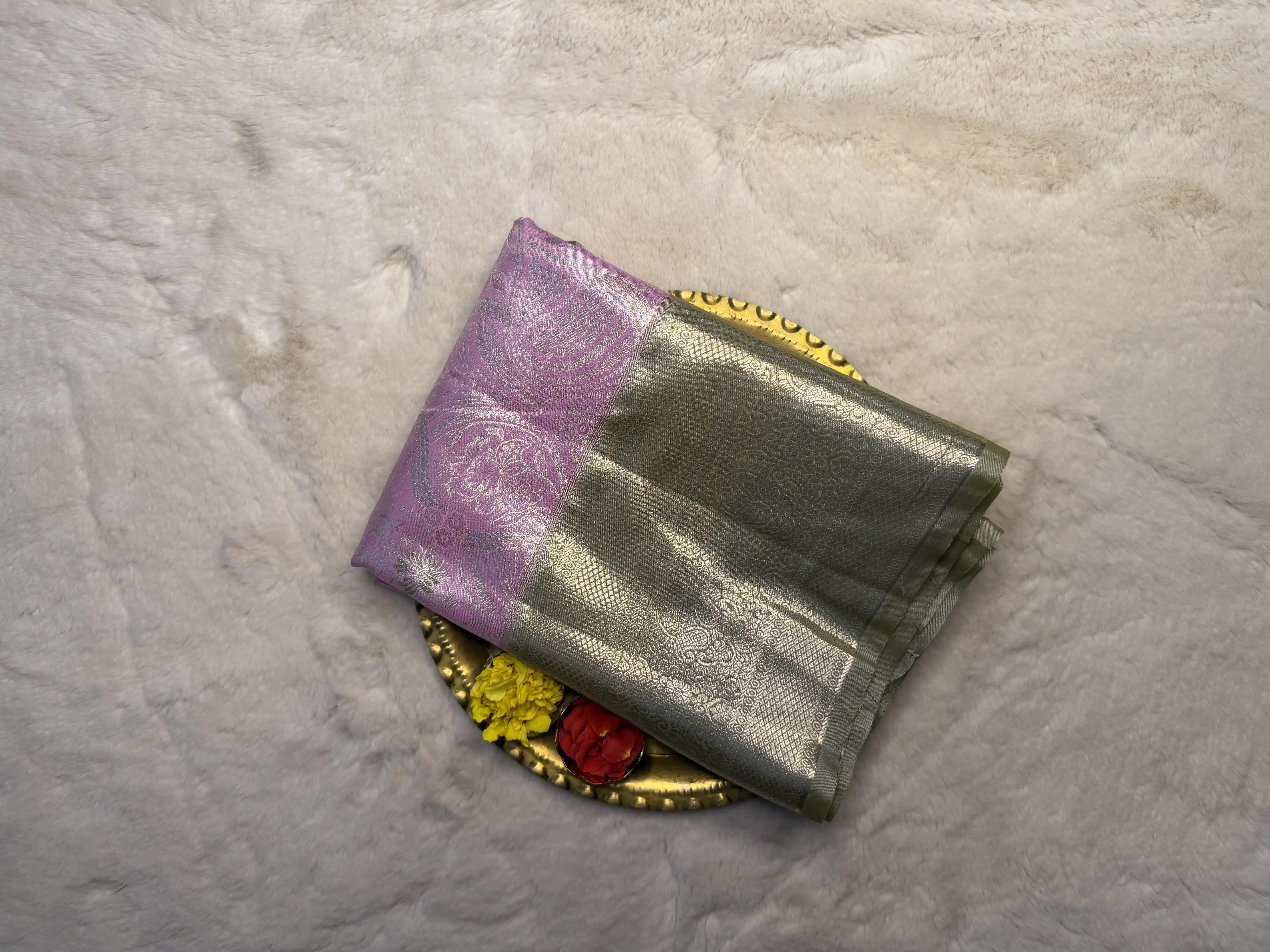 Powder Blue & Olive Green tissue Semi Silk Saree