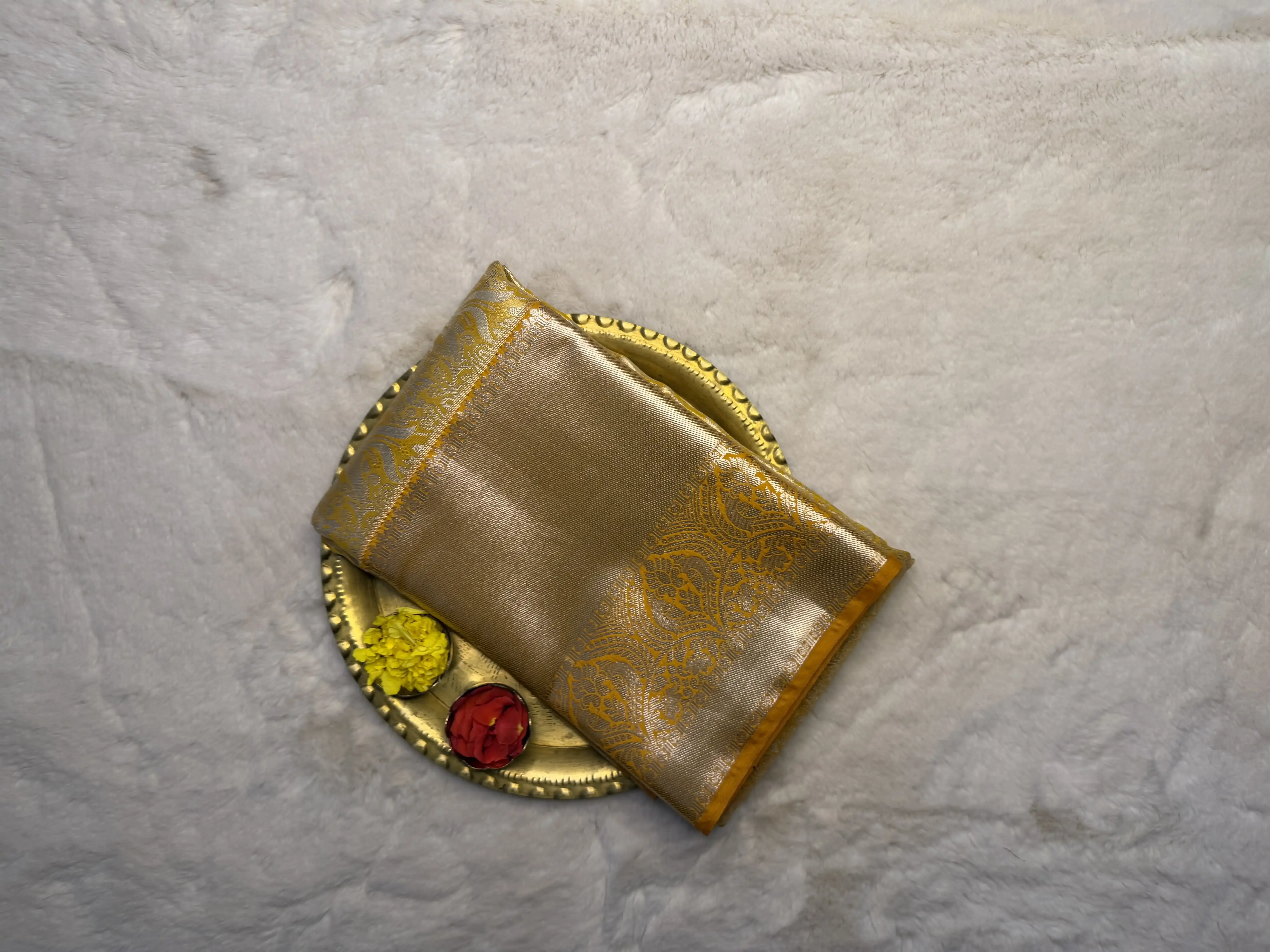 Yellow & Gold big border tissue Semi Silk Saree