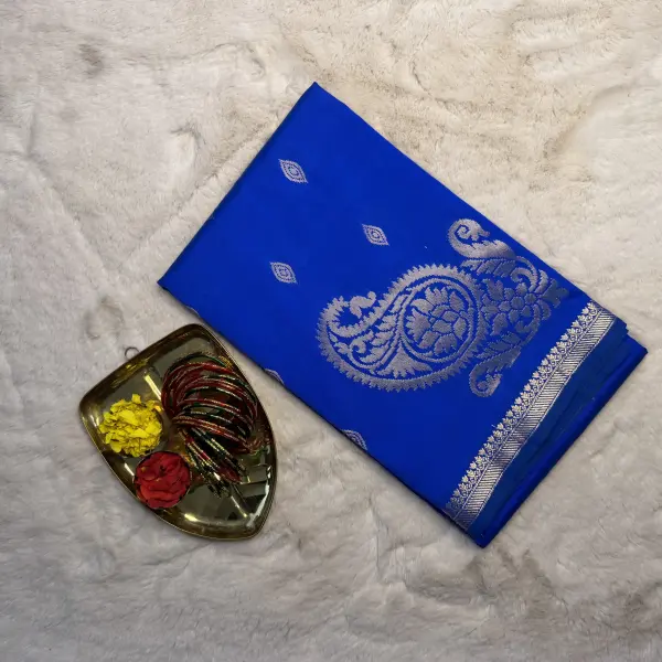 Peacock Blue with mango motif pallu semi benaras saree