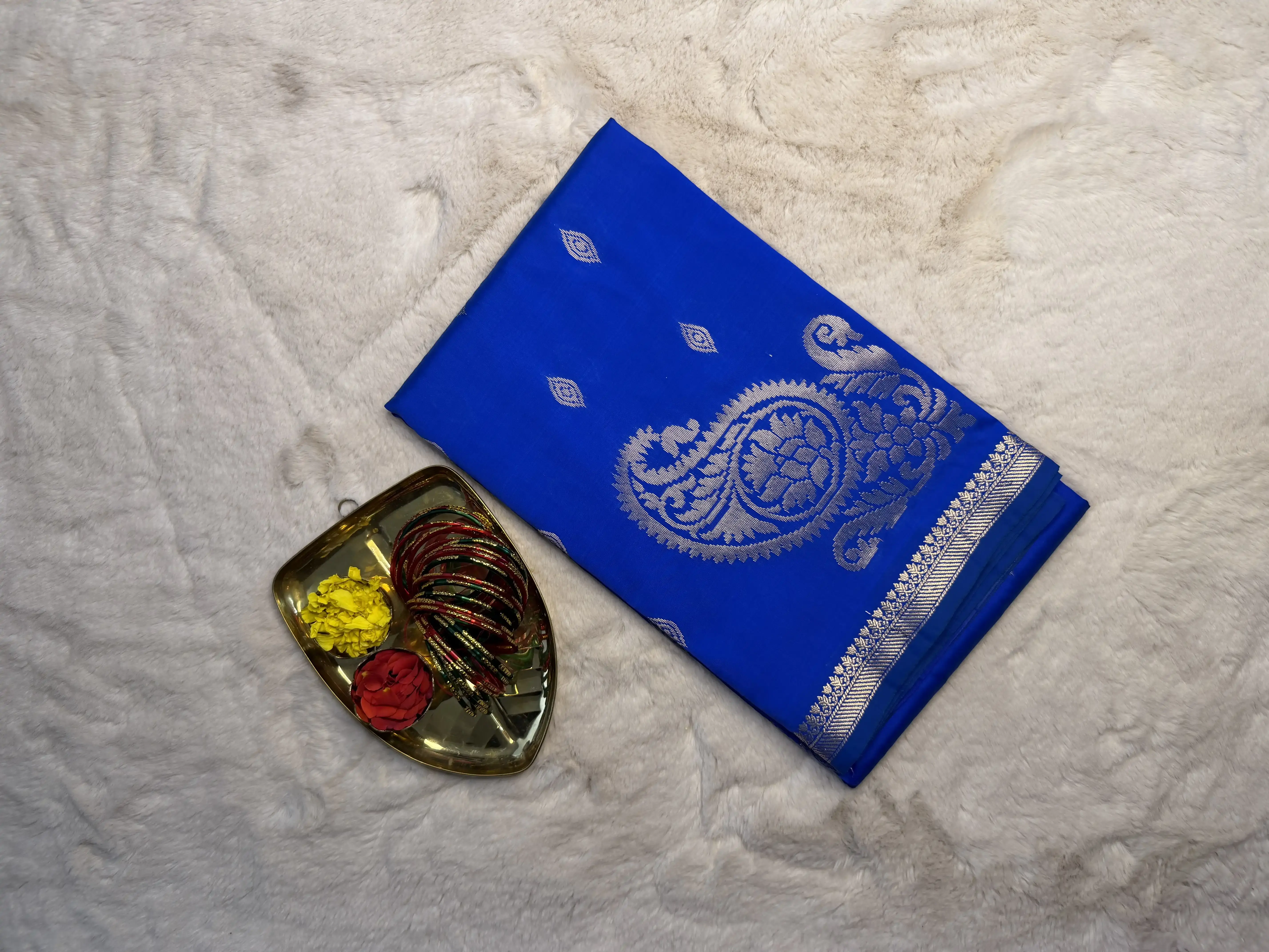 Peacock Blue with mango motif pallu semi benaras saree