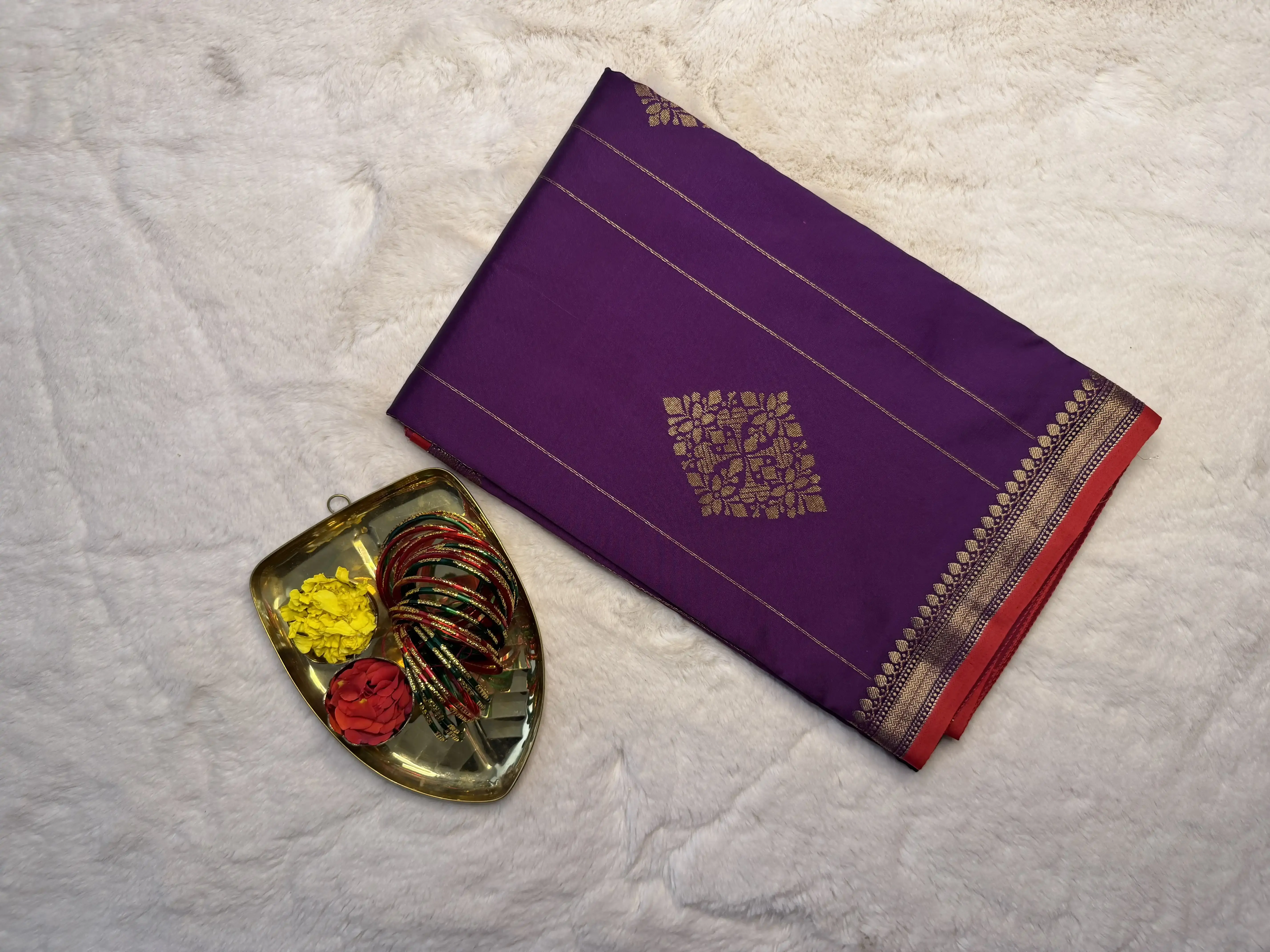 Purple big buttas semi benaras saree