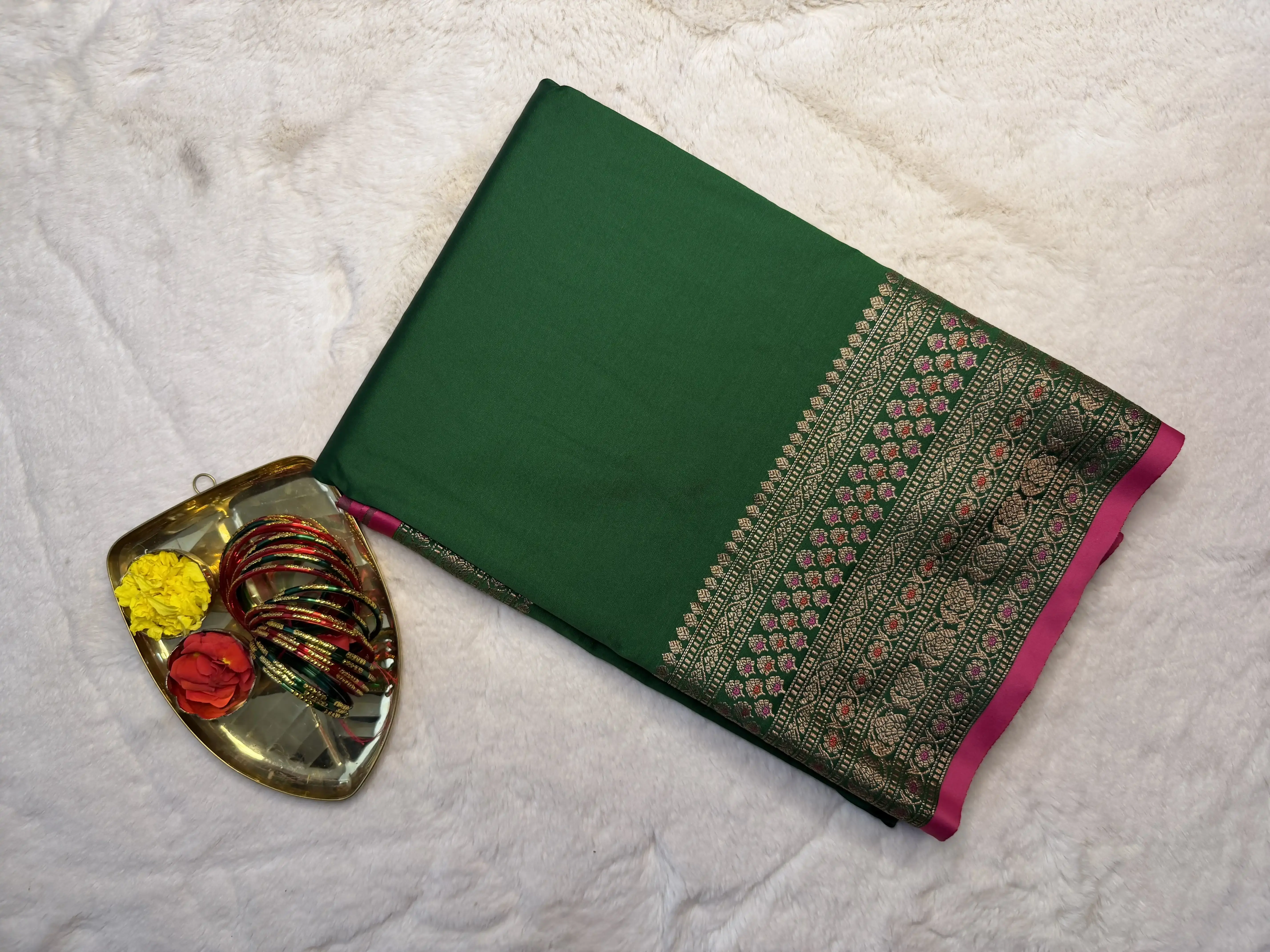 Dark green long border benaras saree