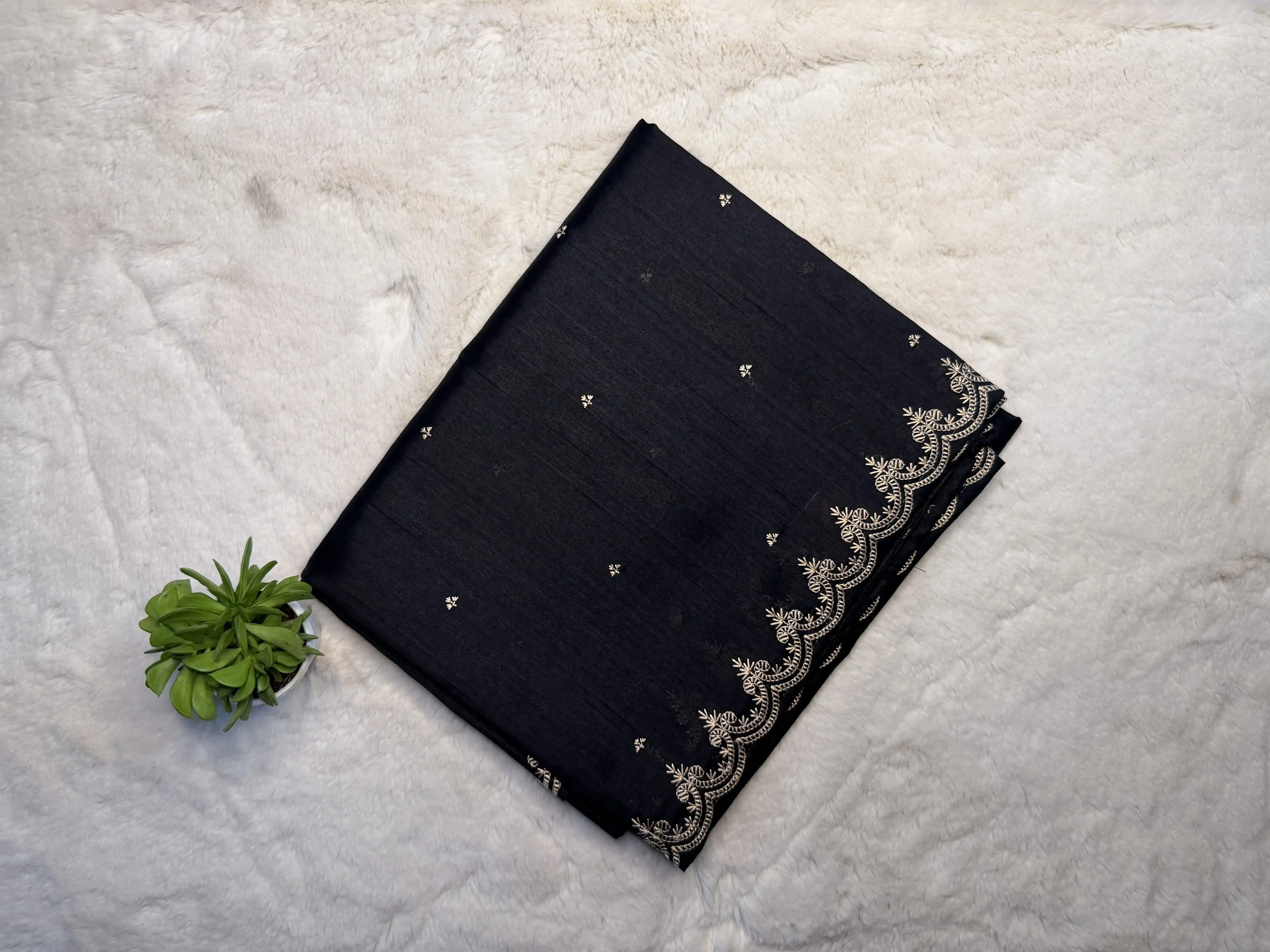 Cherry red with thread work all over raw silk saree