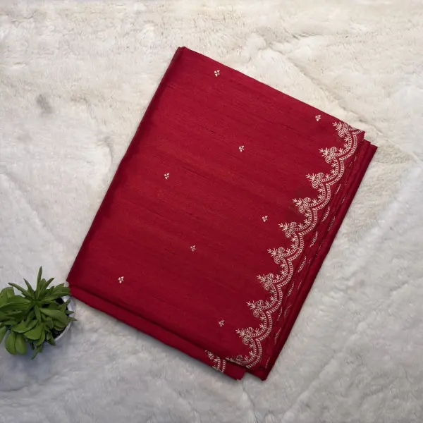 Cherry red with thread work all over raw silk saree