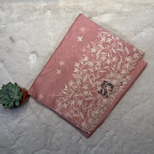 Peach thread work semi organza saree