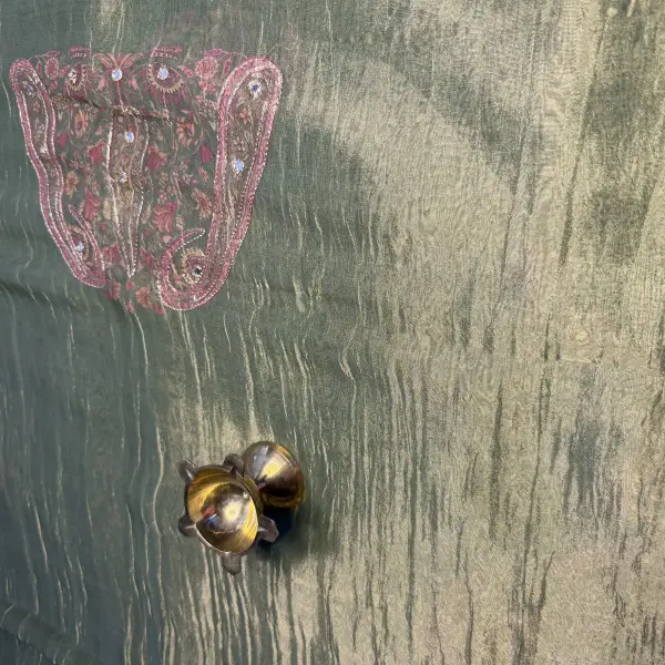 Military green tissue organza with sequin work party wear saree