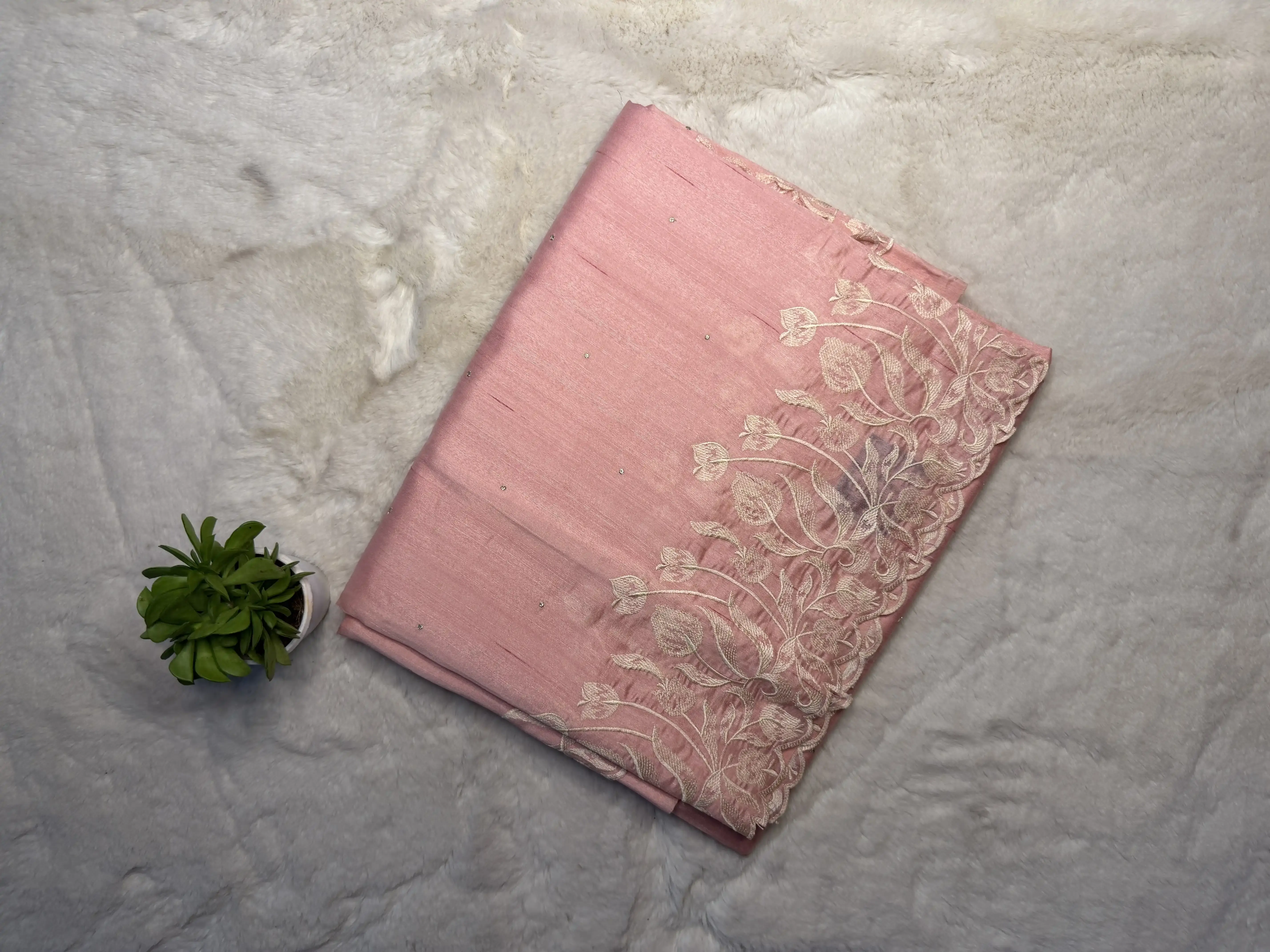 Peach semi raw silk thread work saree