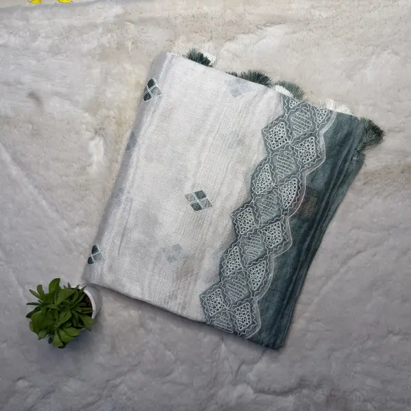 White & Green thread work kota cotton saree
