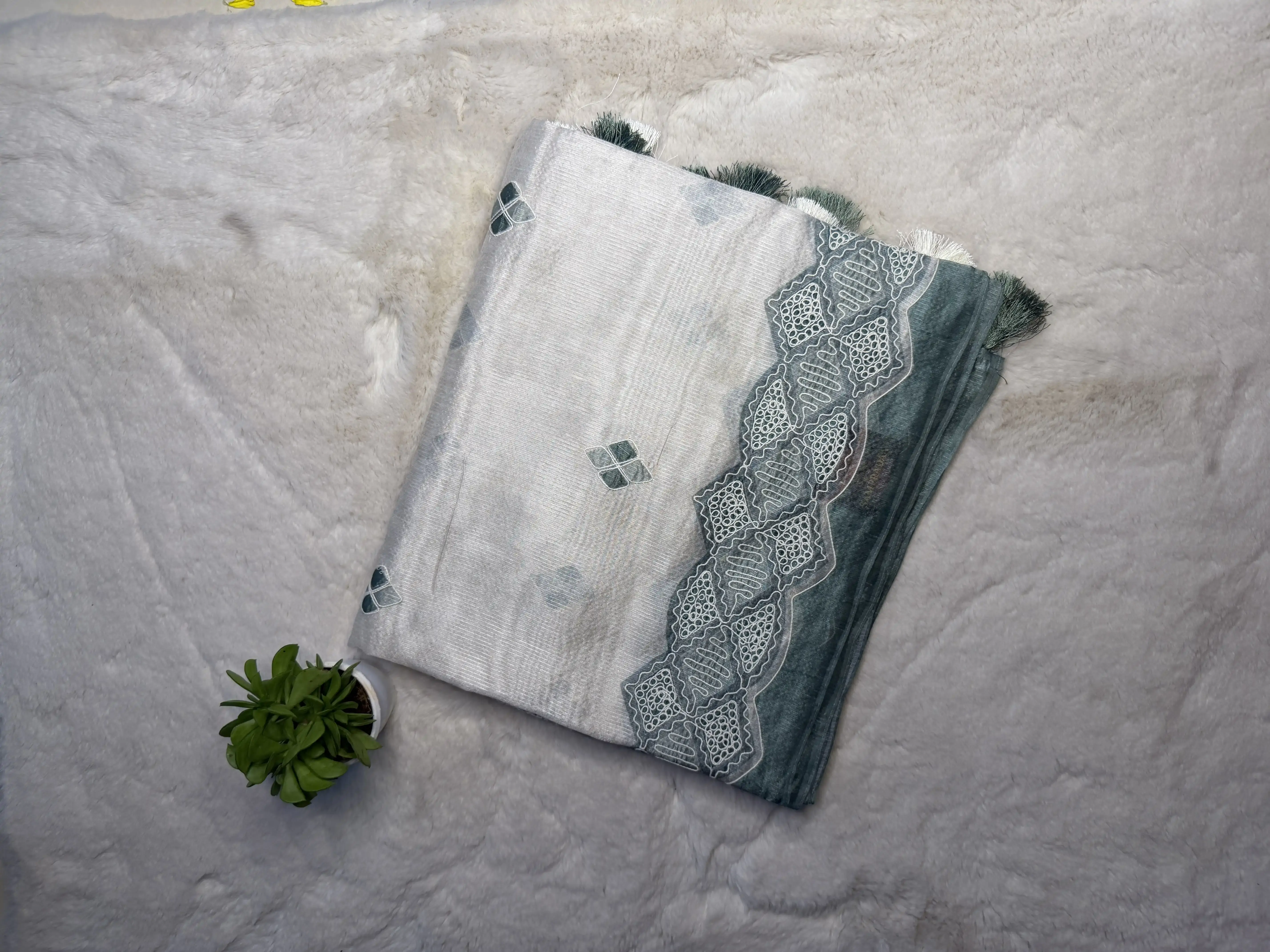 White & Green thread work kota cotton saree
