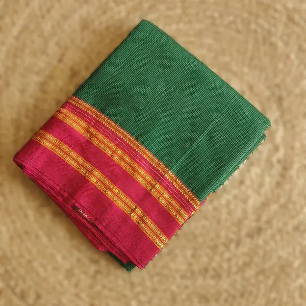 Ilakal Dark green microchecks with Traditional Pink border Saree