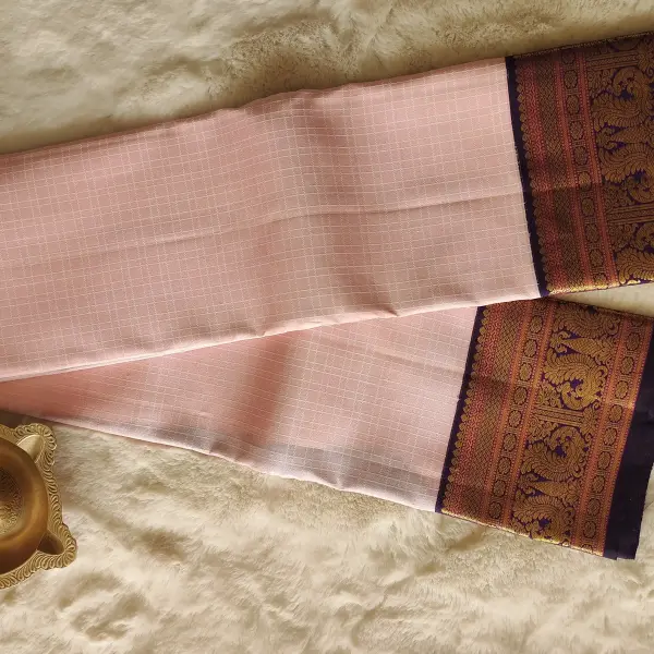 Baby pink self checks dark blue border Pure kanchipuram saree