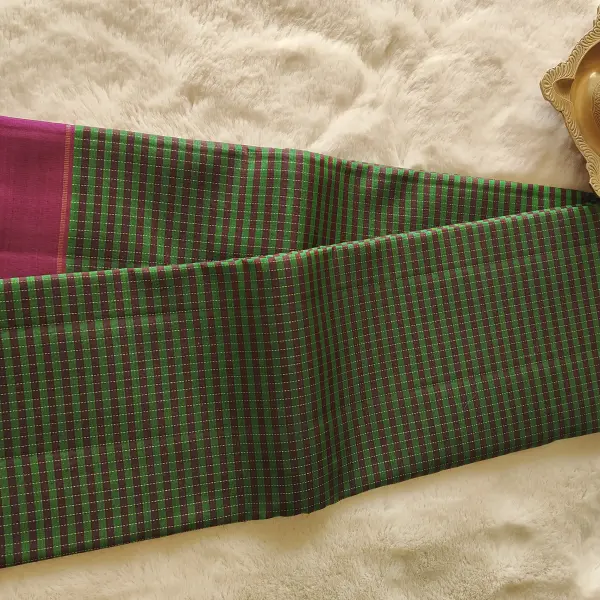 Green and brown checks pattern Pure Kanchipuram silk saree