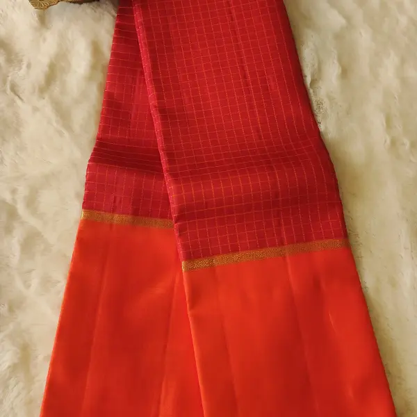 Red checks with orange bentex border Pure kanchipuram silk saree