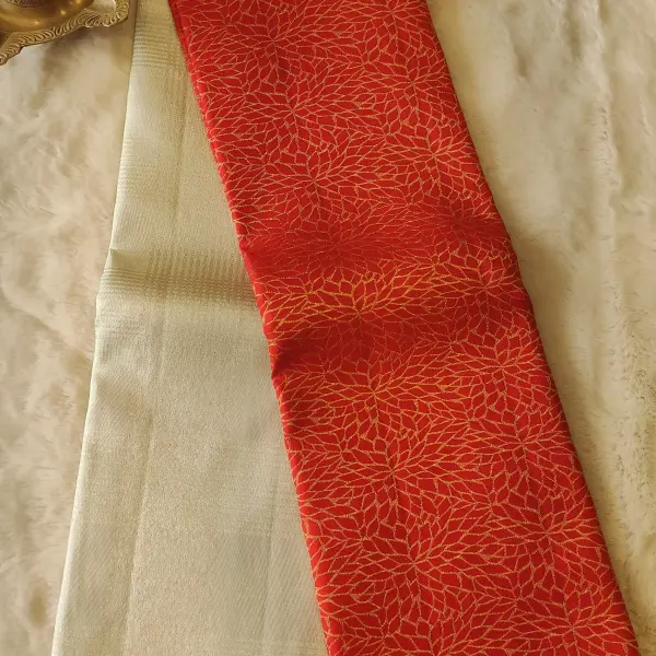 Red and white half and half Pure kanchipuram silk saree