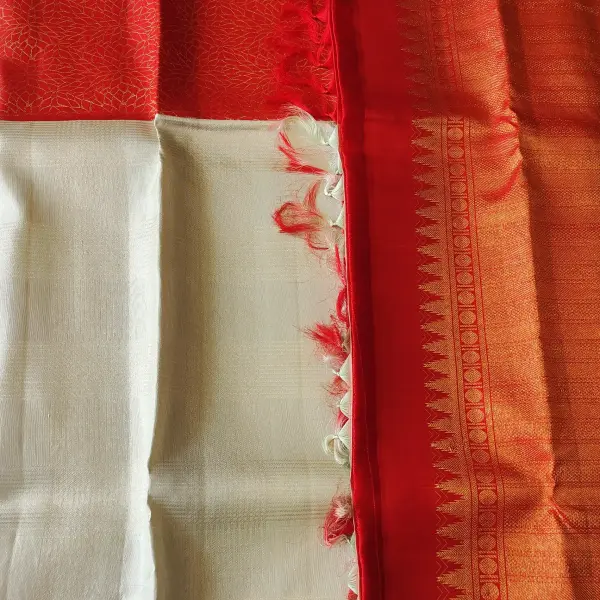 Red and white half and half Pure kanchipuram silk saree
