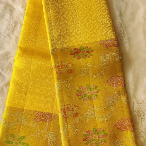Yellow contemporary floral pattern Pure kanchipuram silk saree