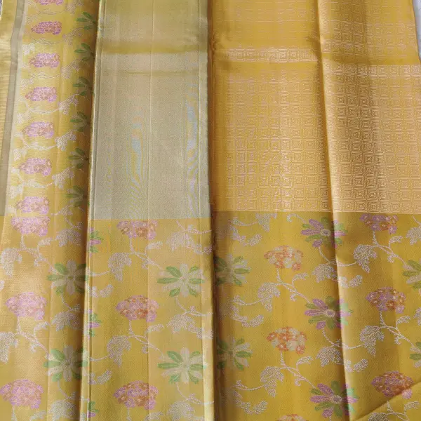 Yellow contemporary floral pattern Pure kanchipuram silk saree