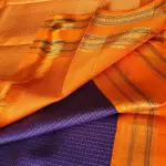 Navy blue microchecks with orange bentex border Pure kanchipuram silk saree