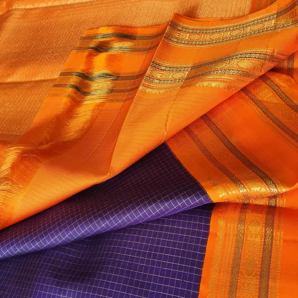 Navy blue microchecks with orange bentex border Pure kanchipuram silk saree