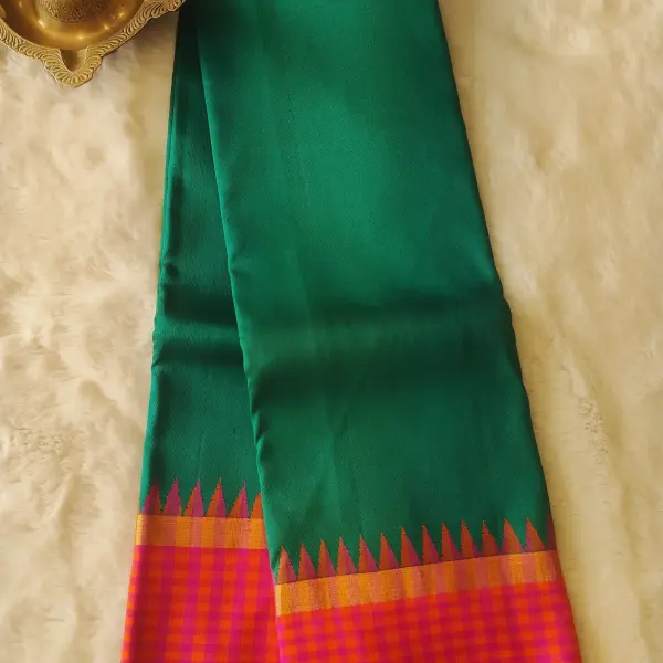 Green with orange and pink border Pure kanchipuram silk saree