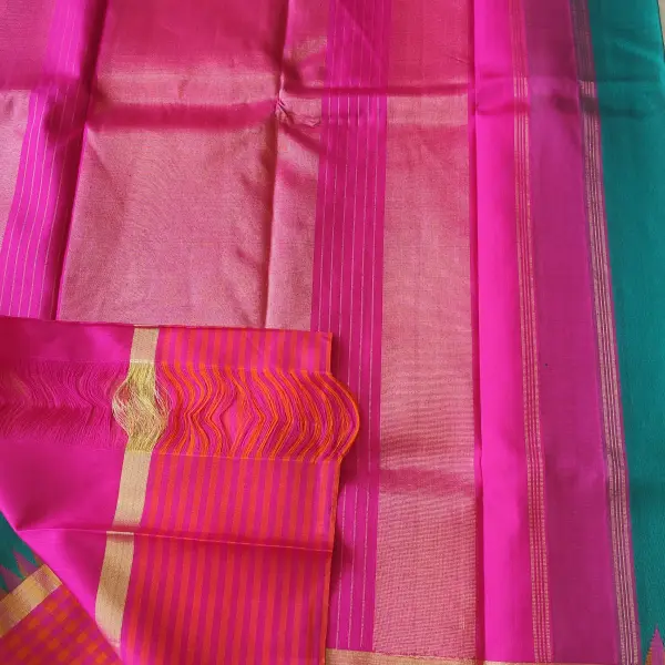 Green with orange and pink border Pure kanchipuram silk saree