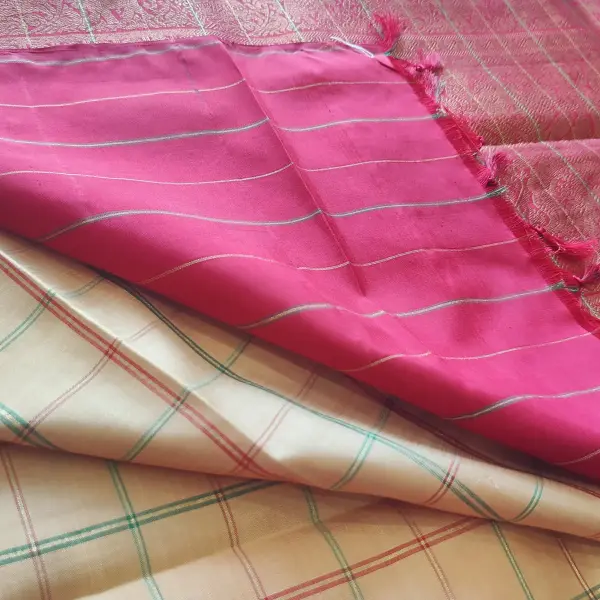 Beige with microchecks pattern Pure kanchipuram silk saree