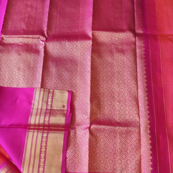 Orangish pink zari microchecks Pure kanchipuram silk saree