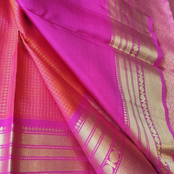 Orangish pink zari microchecks Pure kanchipuram silk saree